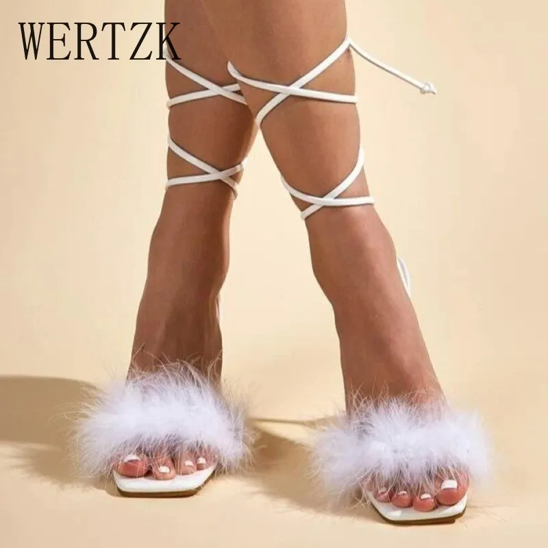 Amozae-Fashion Feather Design Summer Shoes Women Stiletto Sandalen Open Toe Fluff Strappy High Heels Buckle Strap Sandals White