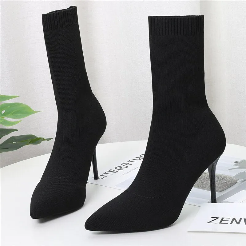 Amozae-  Women Ankle Knitted Boots Block 7cm High Heels Short Boots Stripper Winter Warm Sock Stretch   Chunky Designer Shoes
