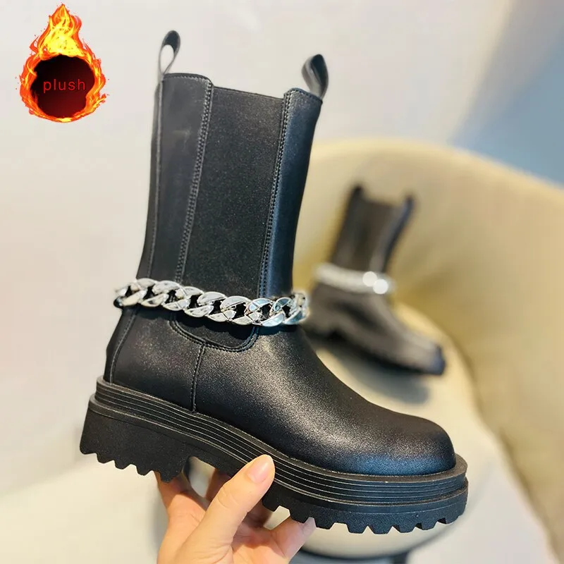 Amozae-Women's Short Boots Black Removable Metal Chain Fashion Woman Ankle Boot Shoes Leather Platform Luxury Chelsea Boot Winter 2024