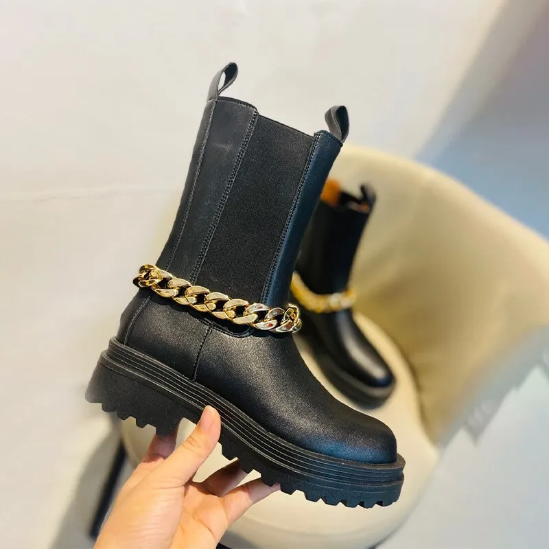 Amozae-Women's Short Boots Black Removable Metal Chain Fashion Woman Ankle Boot Shoes Leather Platform Luxury Chelsea Boot Winter 2024