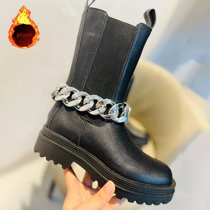 Amozae-Women's Short Boots Black Removable Metal Chain Fashion Woman Ankle Boot Shoes Leather Platform Luxury Chelsea Boot Winter 2024