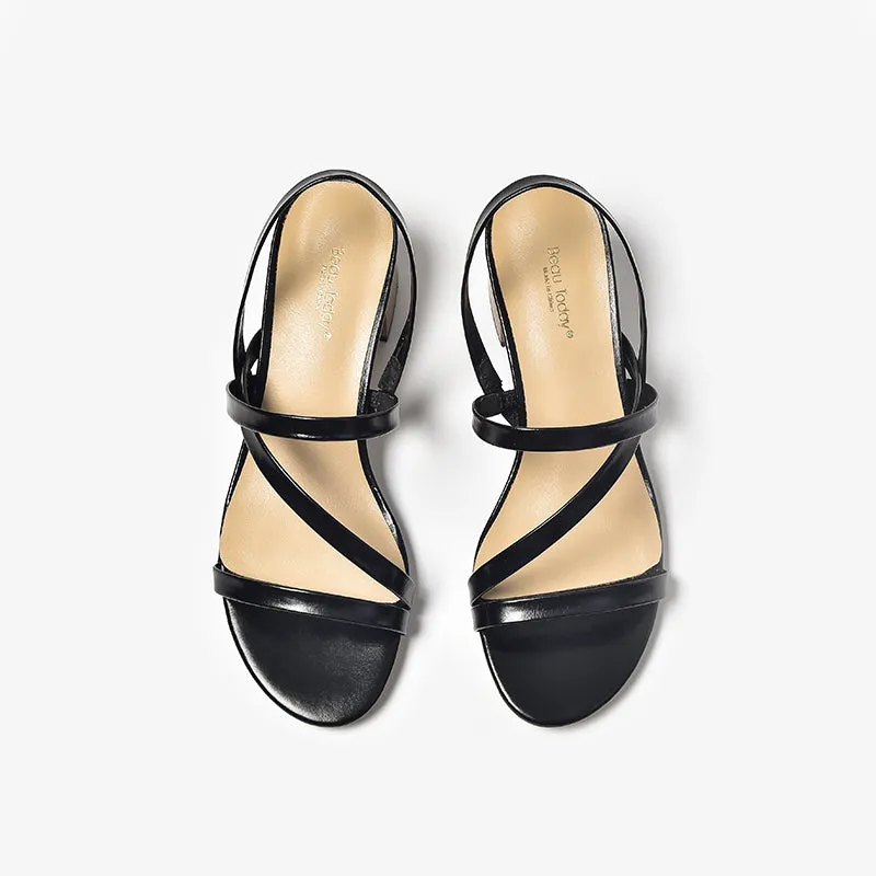 BeauToday Comfy Black Leather Block Heeled Strappy Sandals for Women