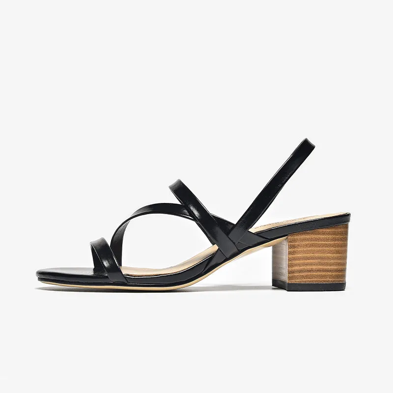 BeauToday Comfy Black Leather Block Heeled Strappy Sandals for Women