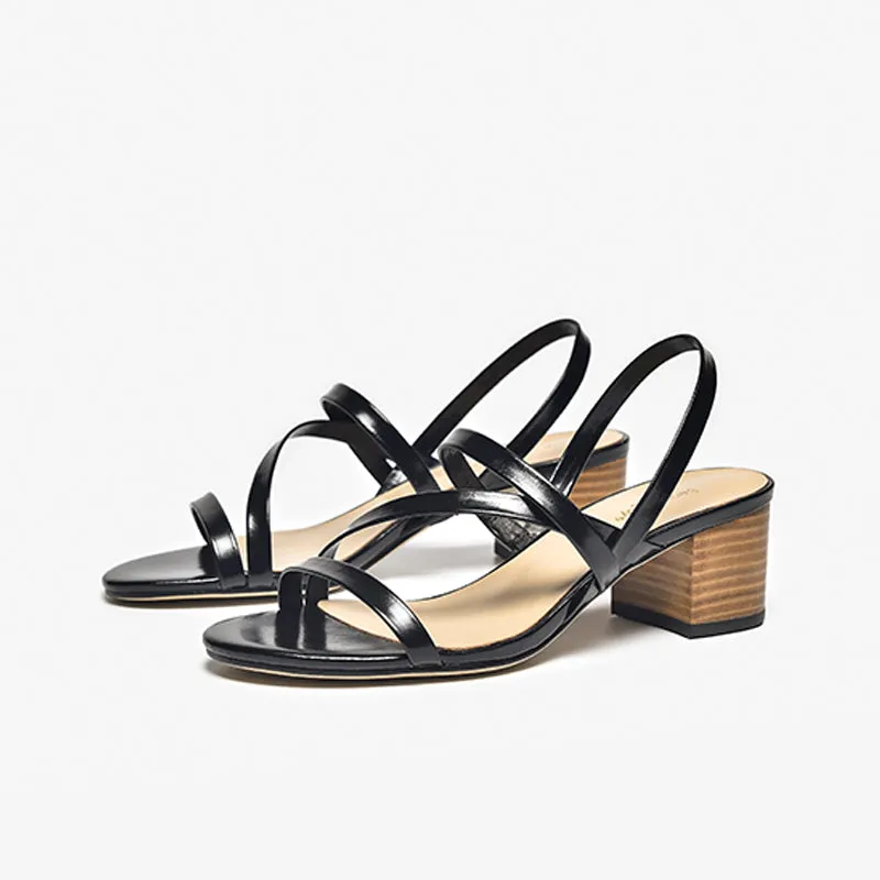 BeauToday Comfy Black Leather Block Heeled Strappy Sandals for Women