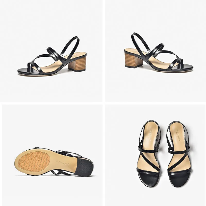 BeauToday Comfy Black Leather Block Heeled Strappy Sandals for Women