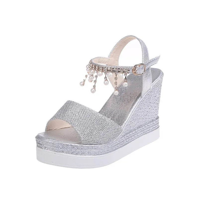 elveswallet Bead Studded Platform Wedge Sandals