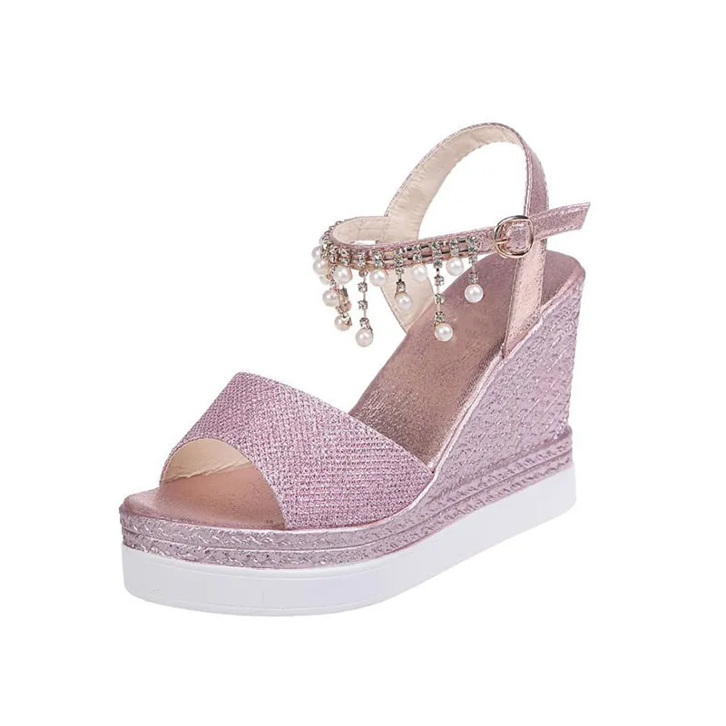 elveswallet Bead Studded Platform Wedge Sandals