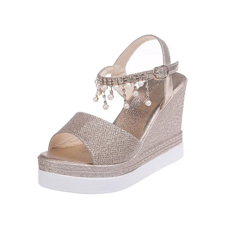 elveswallet Bead Studded Platform Wedge Sandals