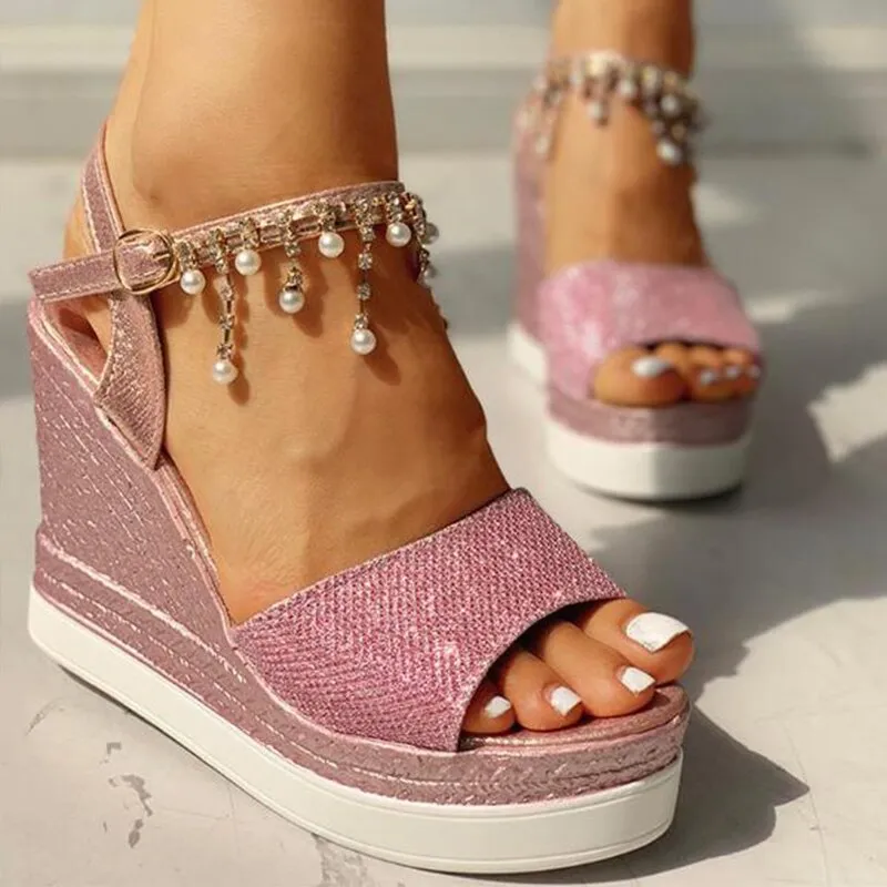 elveswallet Bead Studded Platform Wedge Sandals