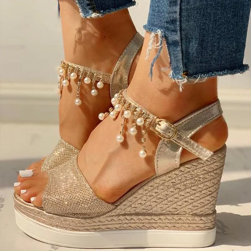 elveswallet Bead Studded Platform Wedge Sandals
