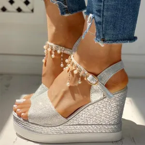 elveswallet Bead Studded Platform Wedge Sandals