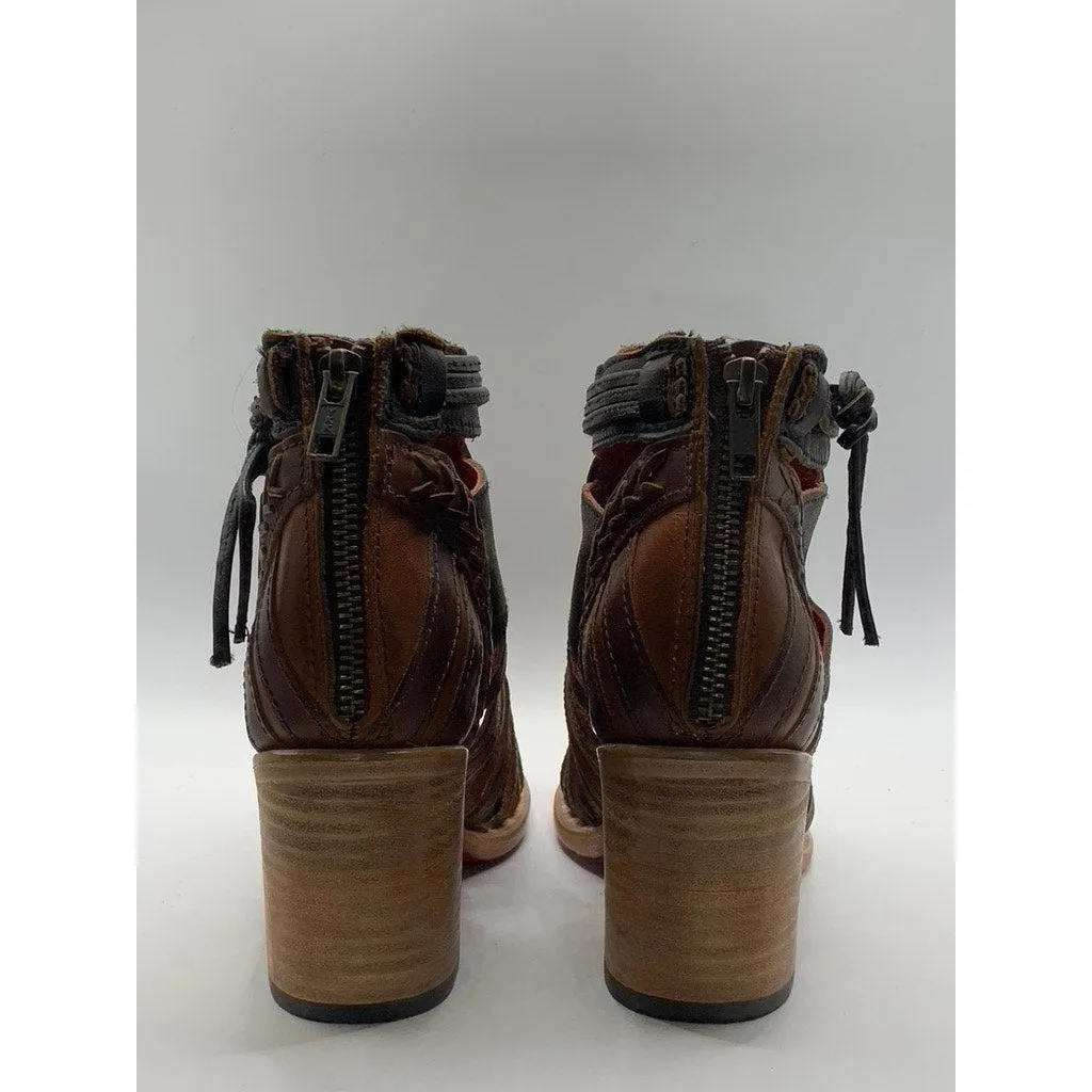 FREEBIRD Women's Dark Brown Leather Strappy Wazee Peep-Toe Block-Heel Sandal SZ7