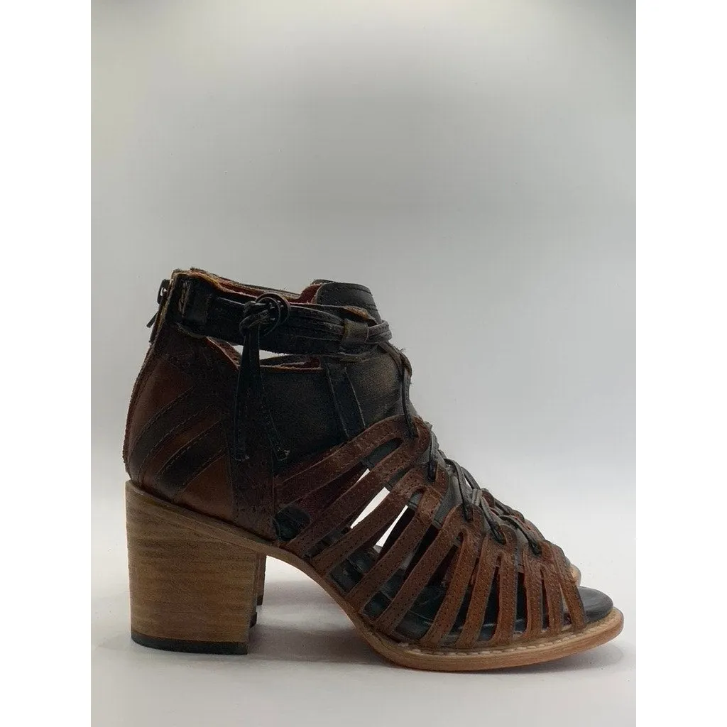 FREEBIRD Women's Dark Brown Leather Strappy Wazee Peep-Toe Block-Heel Sandal SZ7