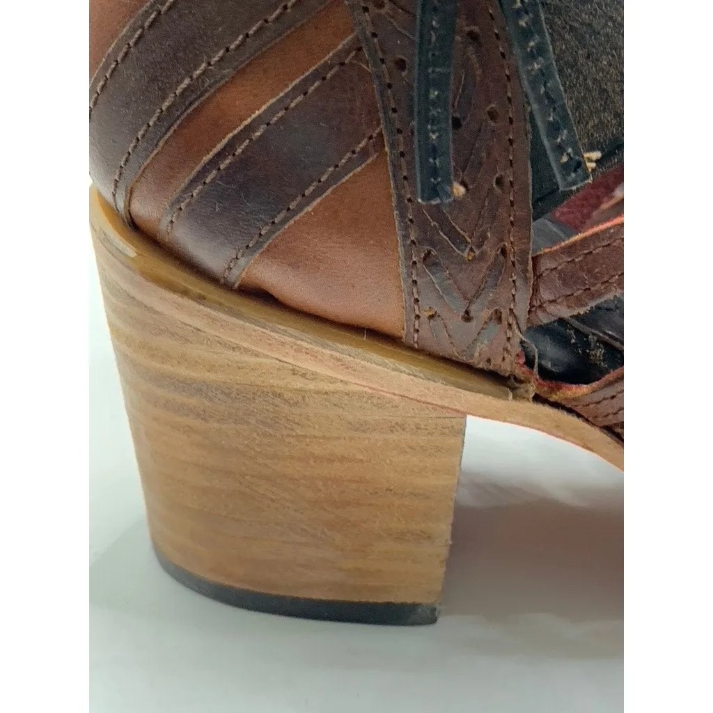 FREEBIRD Women's Dark Brown Leather Strappy Wazee Peep-Toe Block-Heel Sandal SZ7