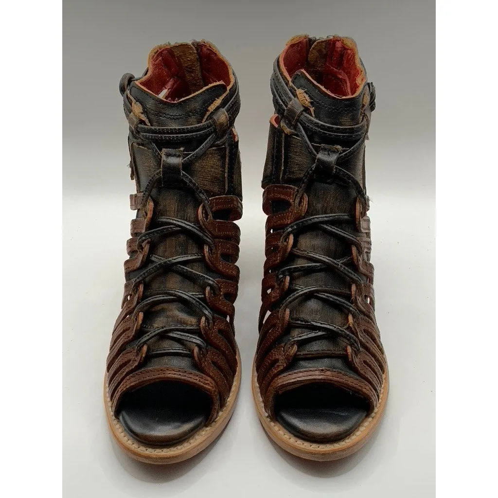 FREEBIRD Women's Dark Brown Leather Strappy Wazee Peep-Toe Block-Heel Sandal SZ7