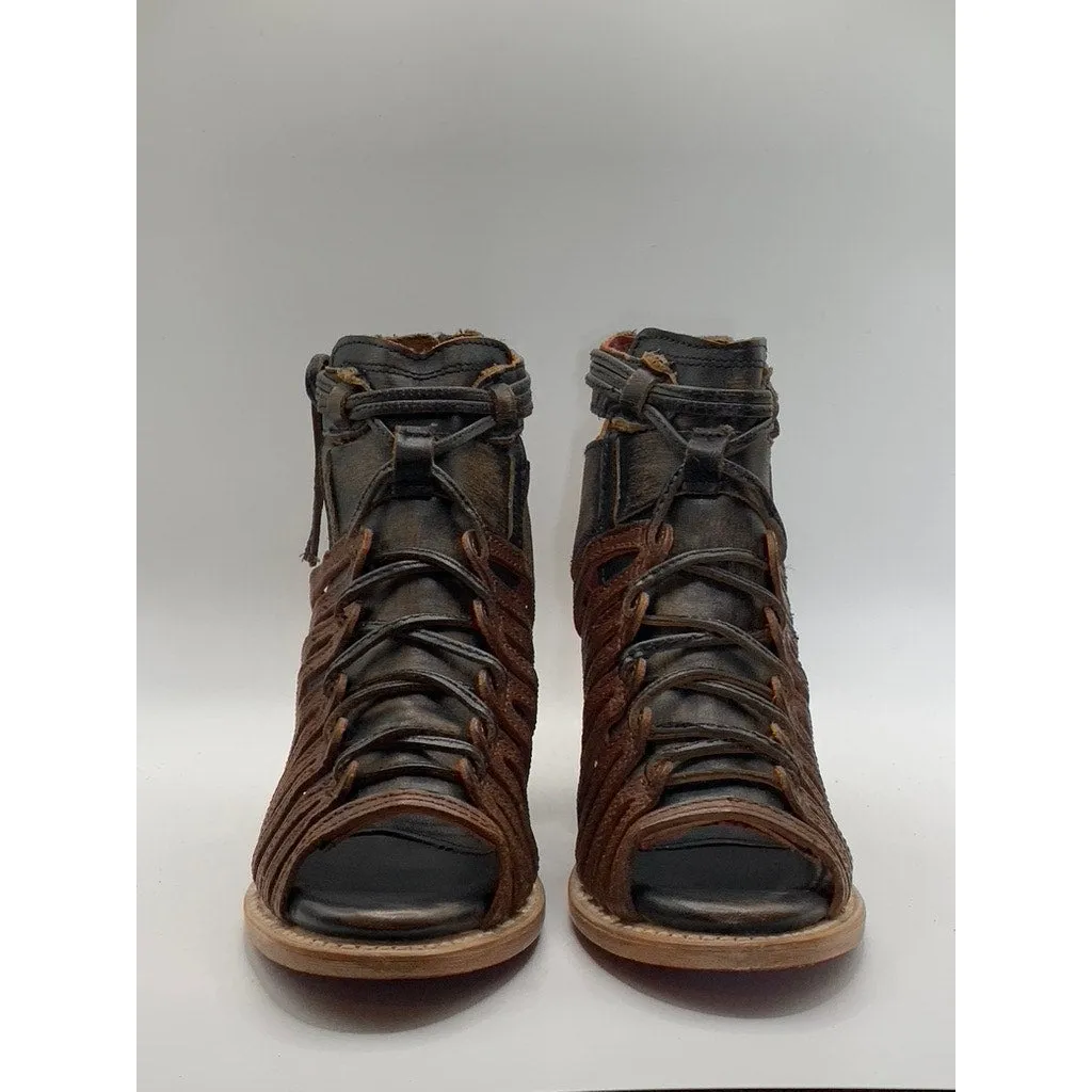 FREEBIRD Women's Dark Brown Leather Strappy Wazee Peep-Toe Block-Heel Sandal SZ7