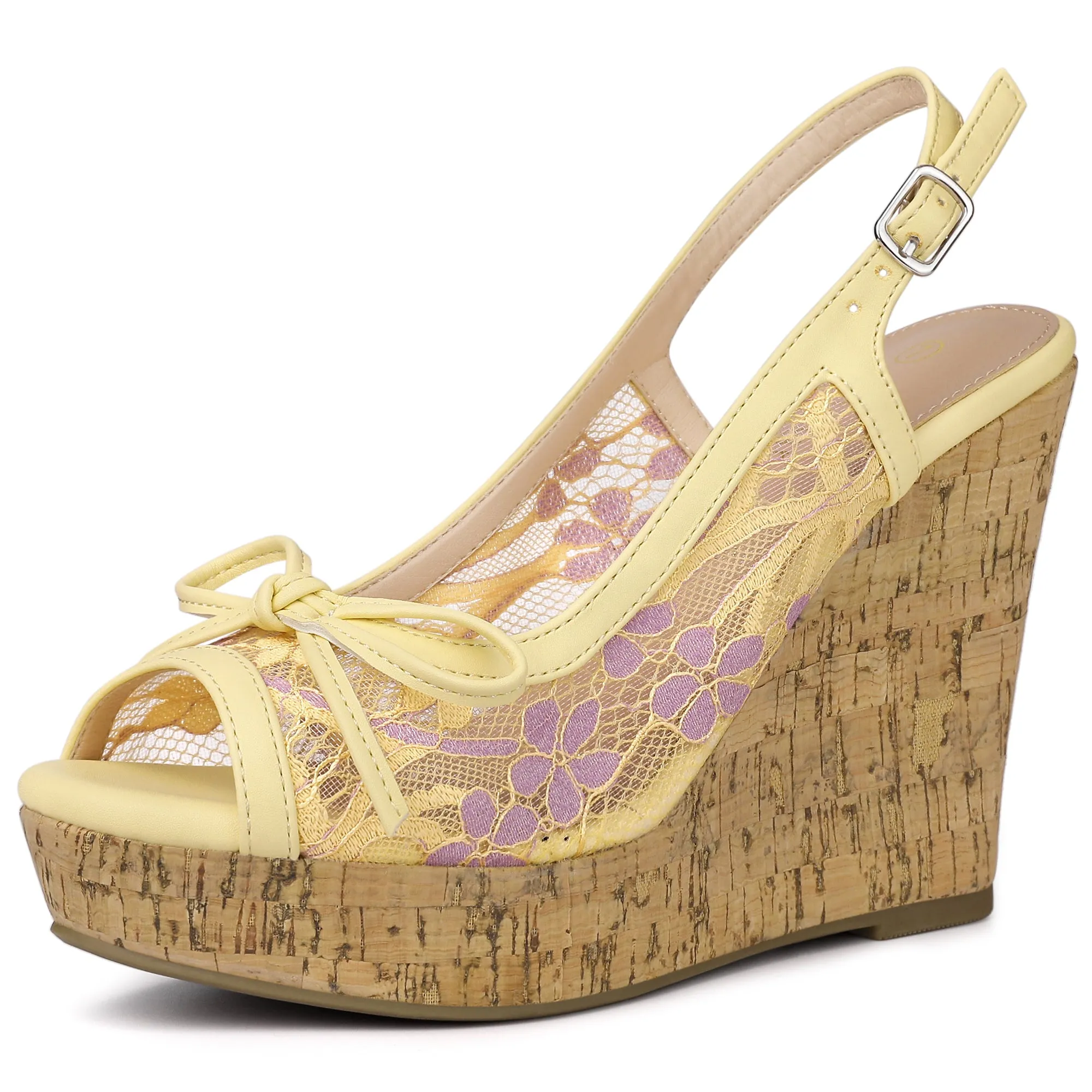 Lace Open Toe Platform Wedge Heel Bow Decor Sandals