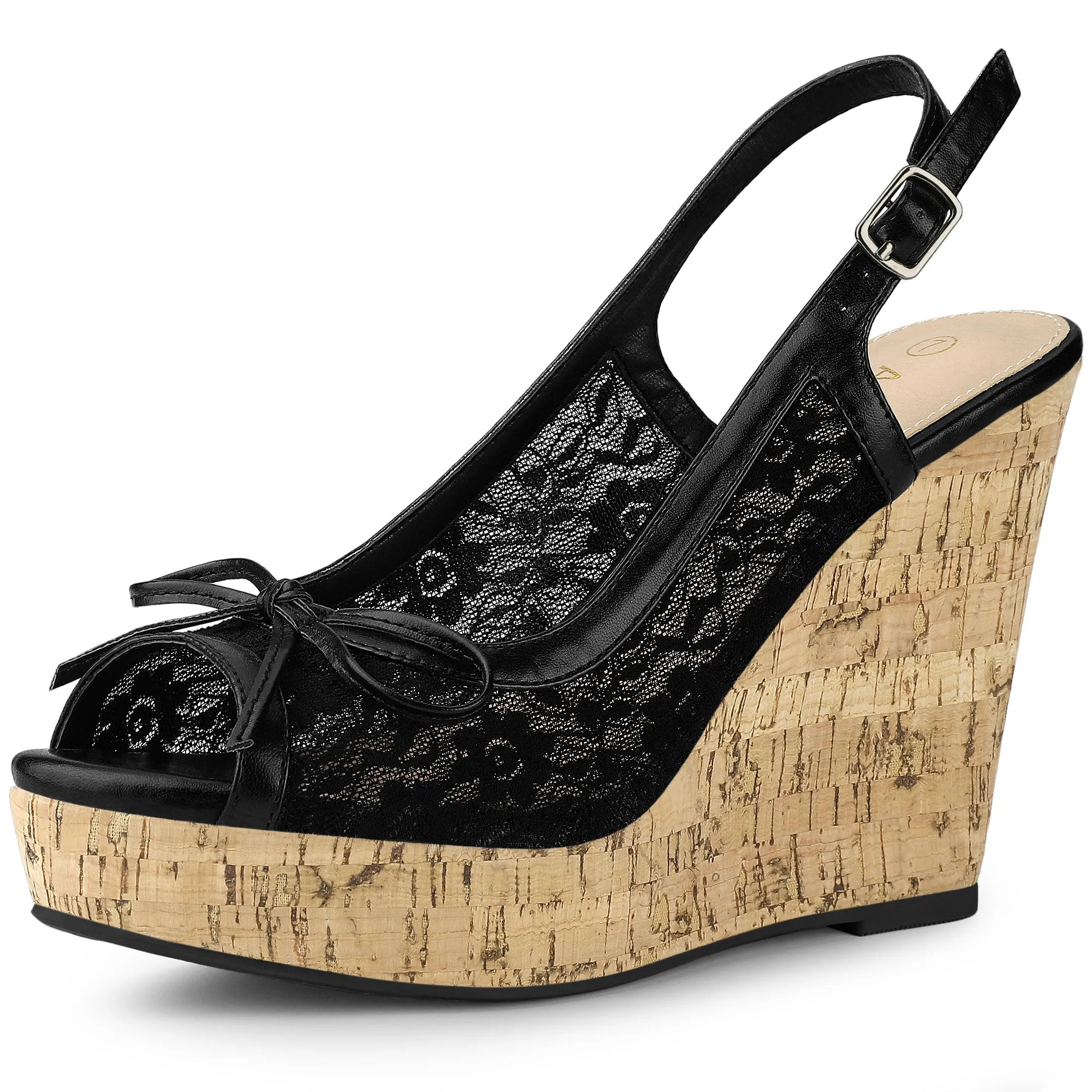 Lace Open Toe Platform Wedge Heel Bow Decor Sandals