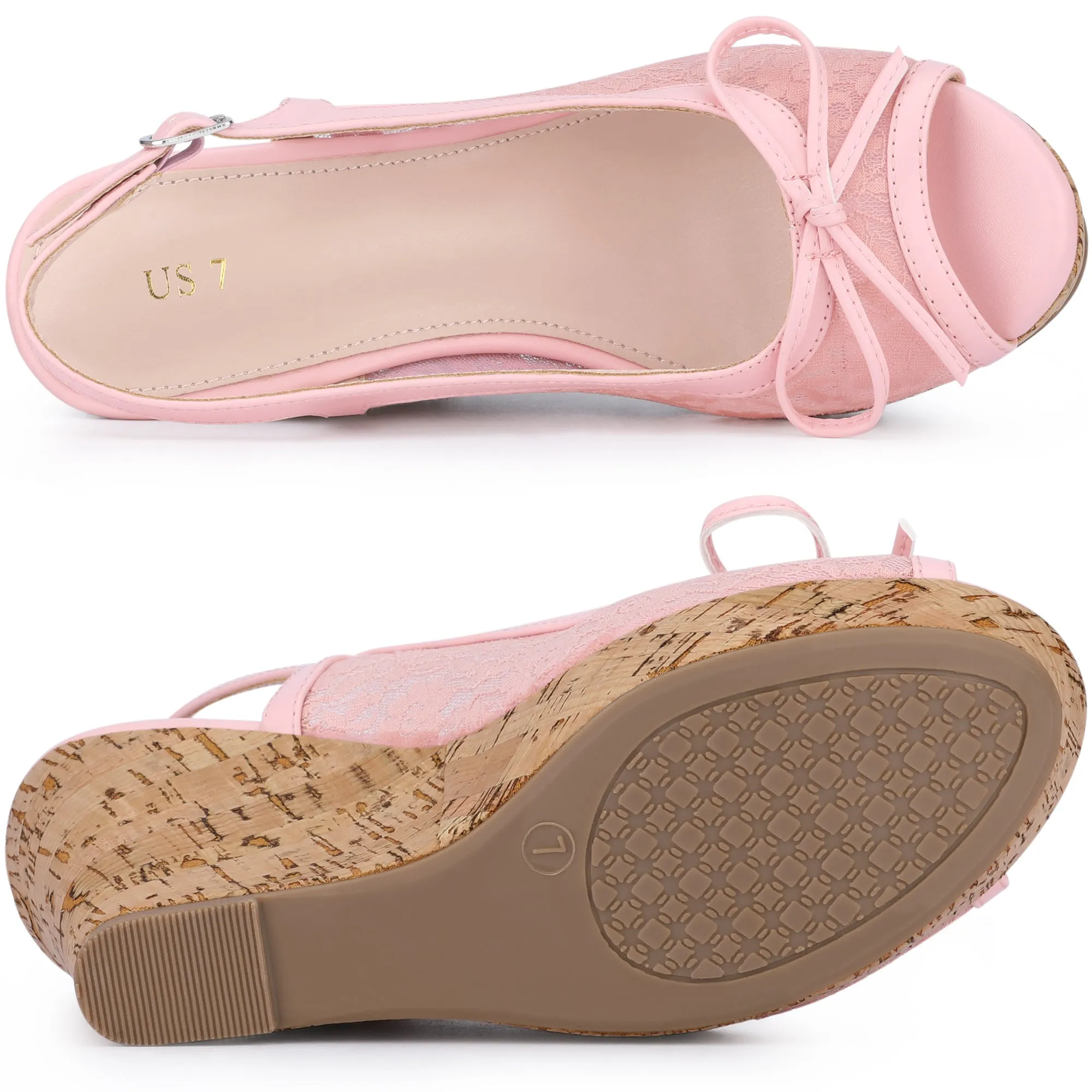 Lace Open Toe Platform Wedge Heel Bow Decor Sandals