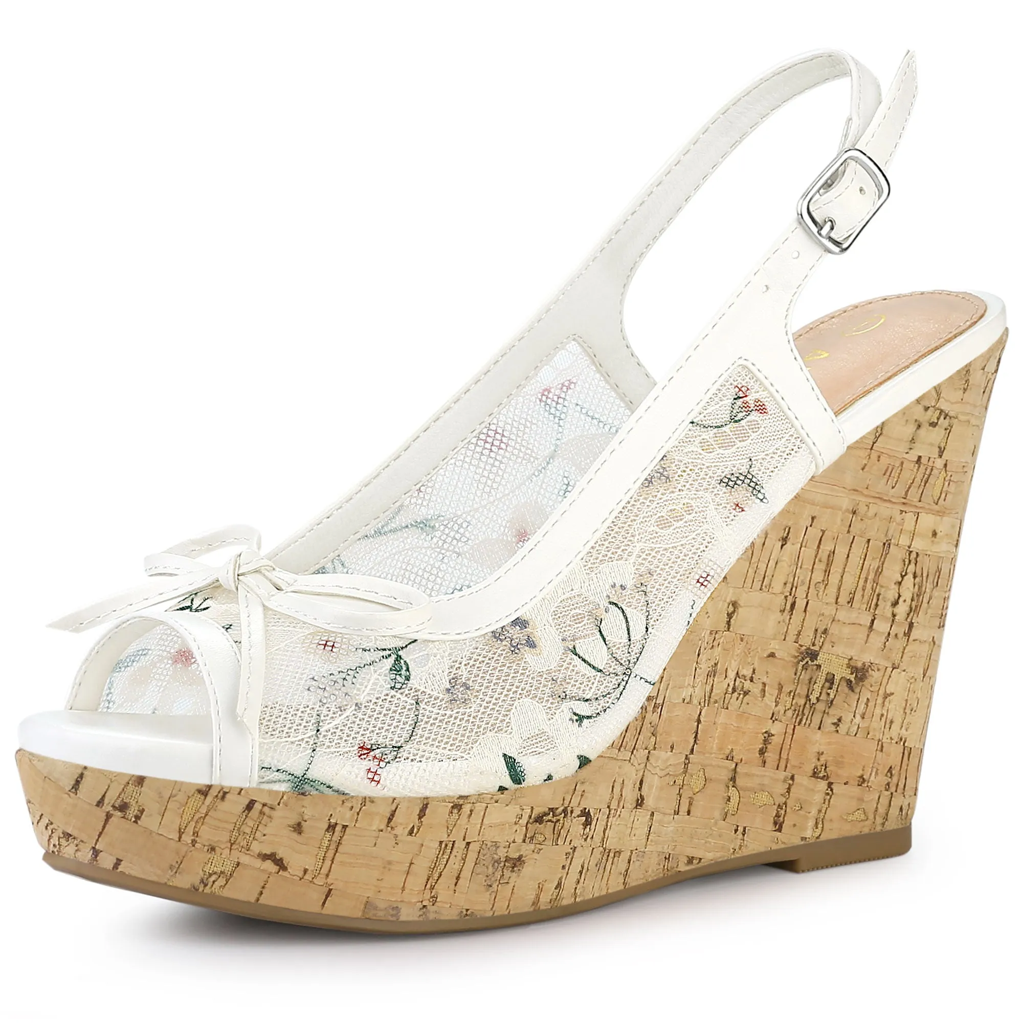 Lace Open Toe Platform Wedge Heel Bow Decor Sandals