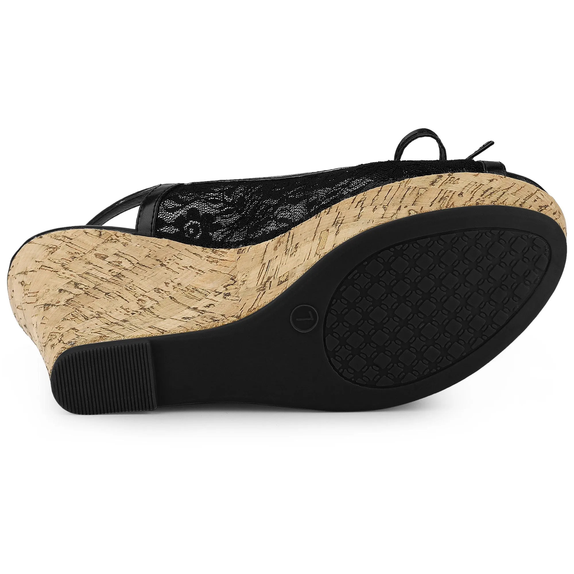 Lace Open Toe Platform Wedge Heel Bow Decor Sandals