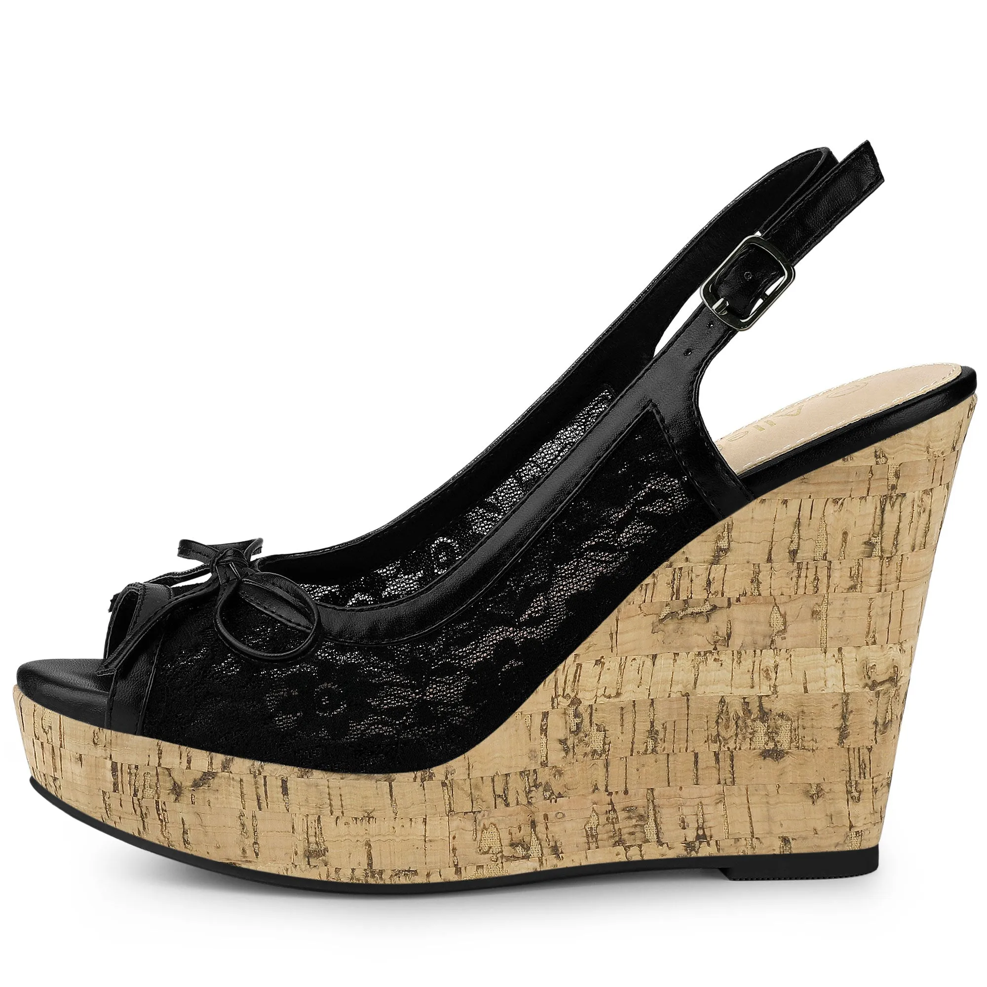 Lace Open Toe Platform Wedge Heel Bow Decor Sandals