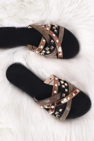 Liliana Mixed Media Strappy Slide Flat Sandal