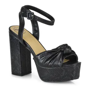 Lillian Peep Toe Strappy Chunky Sole High Platform Block Heels in Black Snake