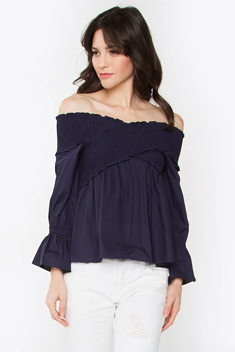 Madison Smocked Bardot Navy Top