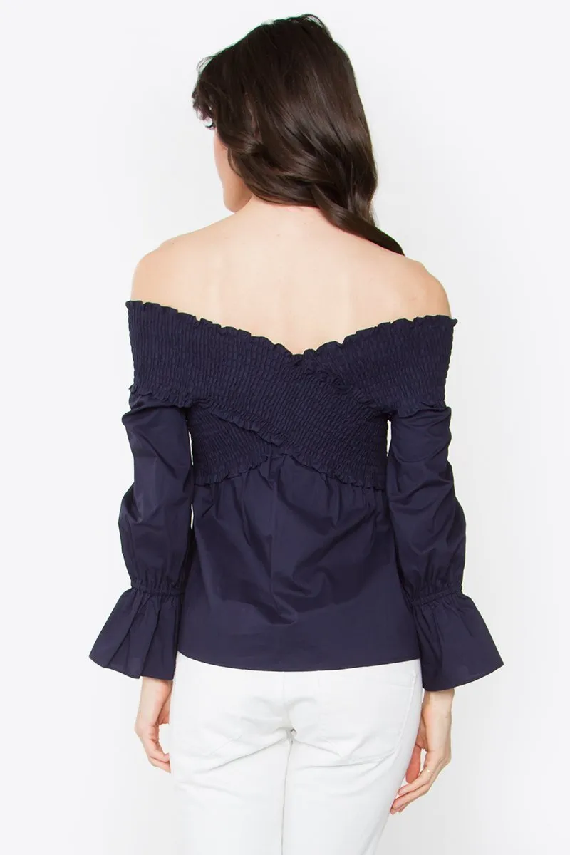 Madison Smocked Bardot Navy Top