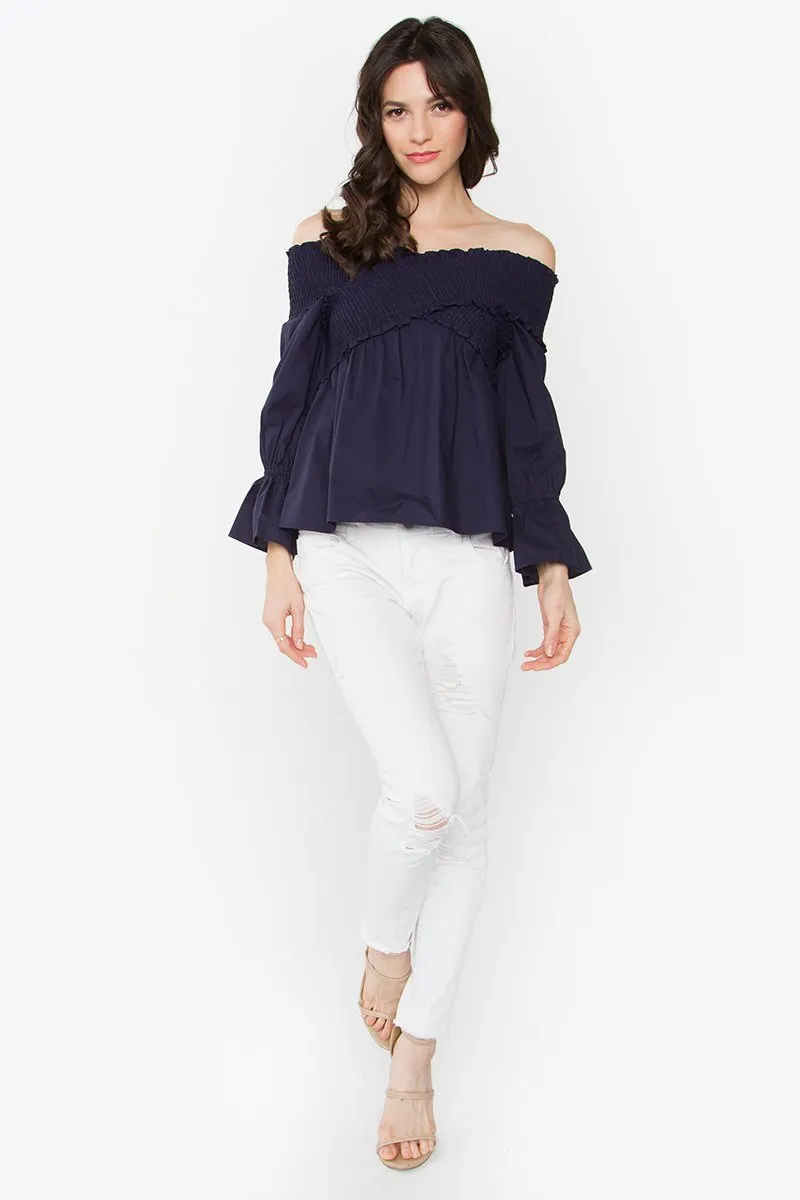 Madison Smocked Bardot Navy Top