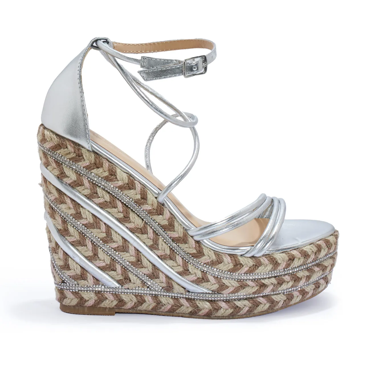 NUTMEG1 DIAMANTE JUTE WEDGE STRAPPY SANDAL