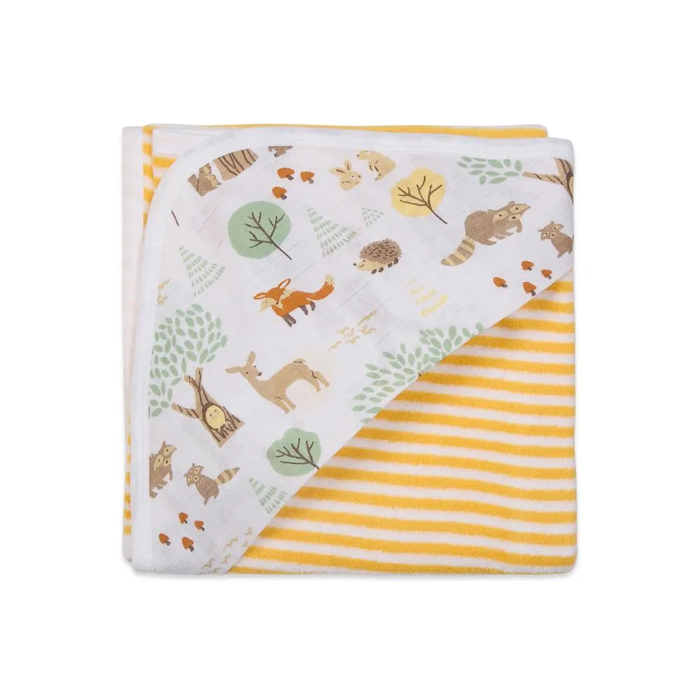 Premium Baby Hooded Towel Stripes Pattern With Woodland Wonders Muslin Hood, Soft and Lightweight - Yellow