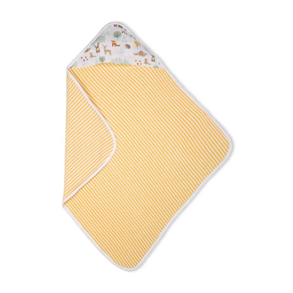 Premium Baby Hooded Towel Stripes Pattern With Woodland Wonders Muslin Hood, Soft and Lightweight - Yellow