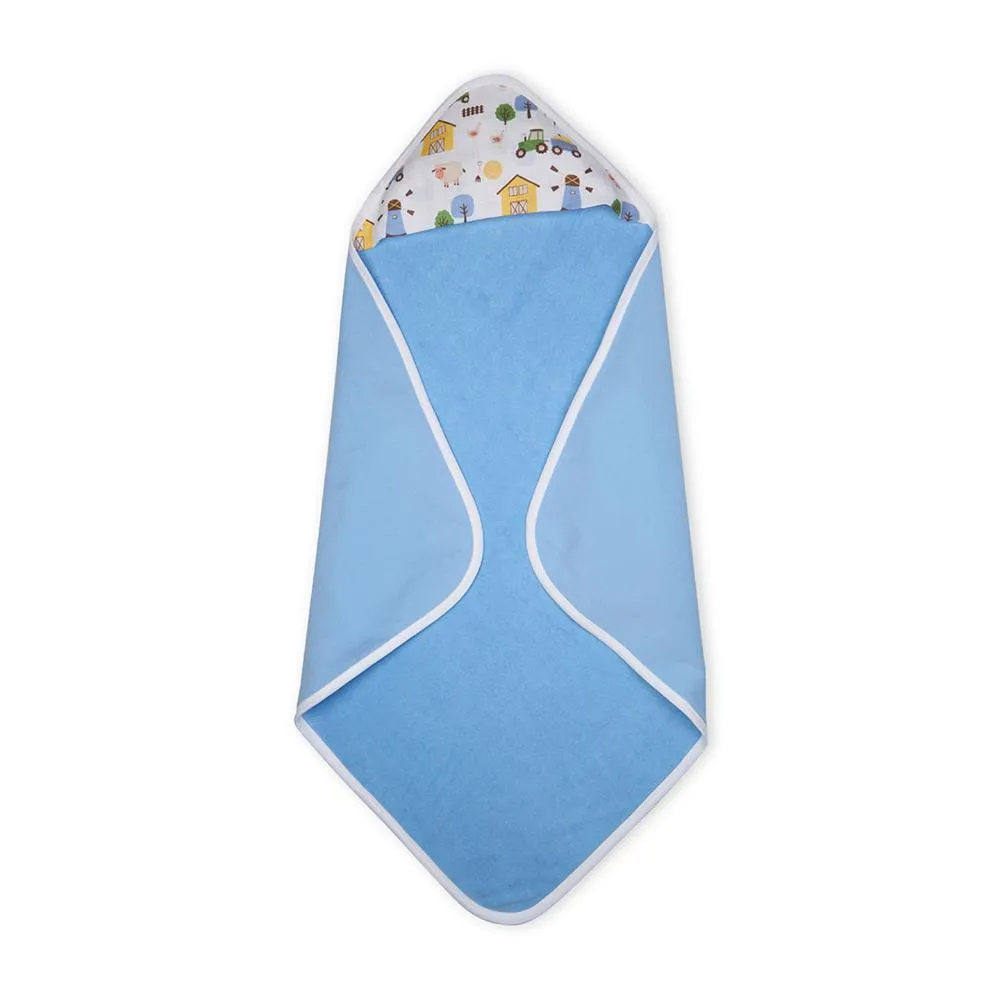 Premium Baby Hooded Towel With Barnyard Print Muslin Hood, Soft and Lightweight - Blue Bell
