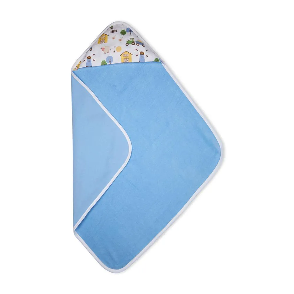 Premium Baby Hooded Towel With Barnyard Print Muslin Hood, Soft and Lightweight - Blue Bell
