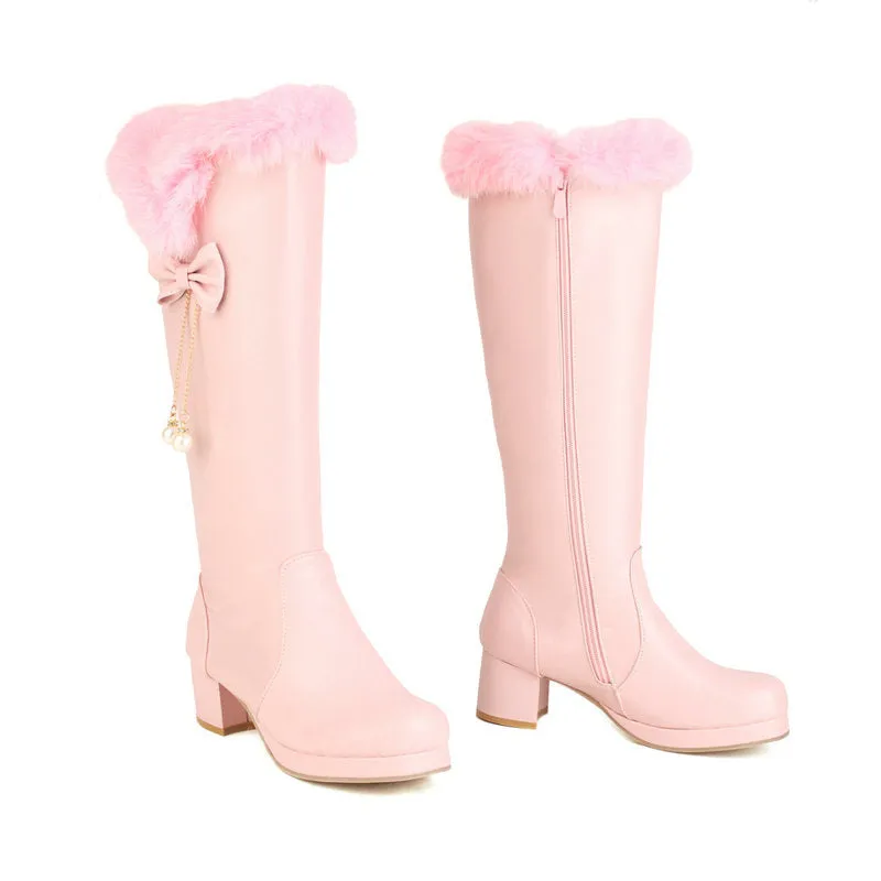 Sweet bow décor warm knee high snow boots