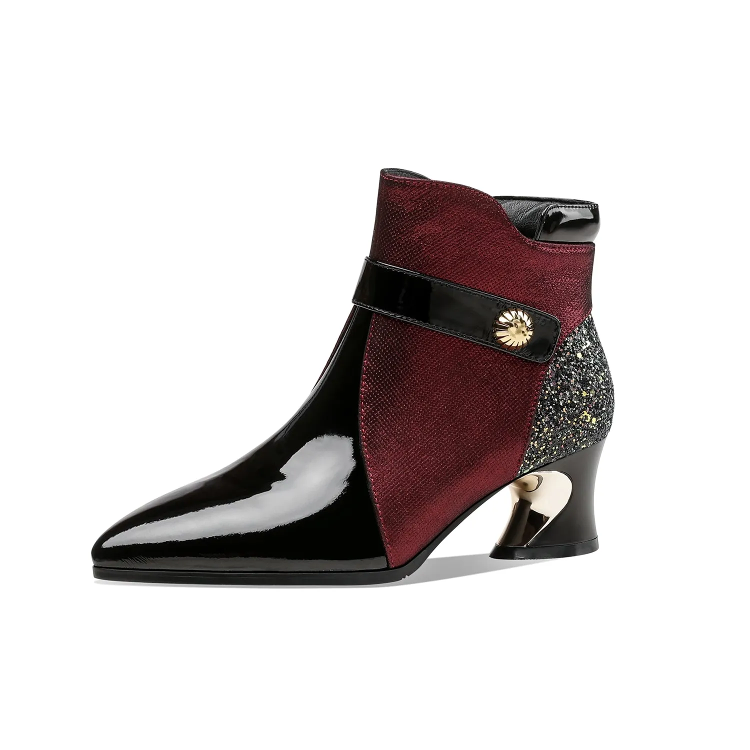 TinaCus Handmade Women's Glossy Genuine Leather Sexy Stitching Color Side Zipper Pointed Toe Low Chunky Ankle Boots