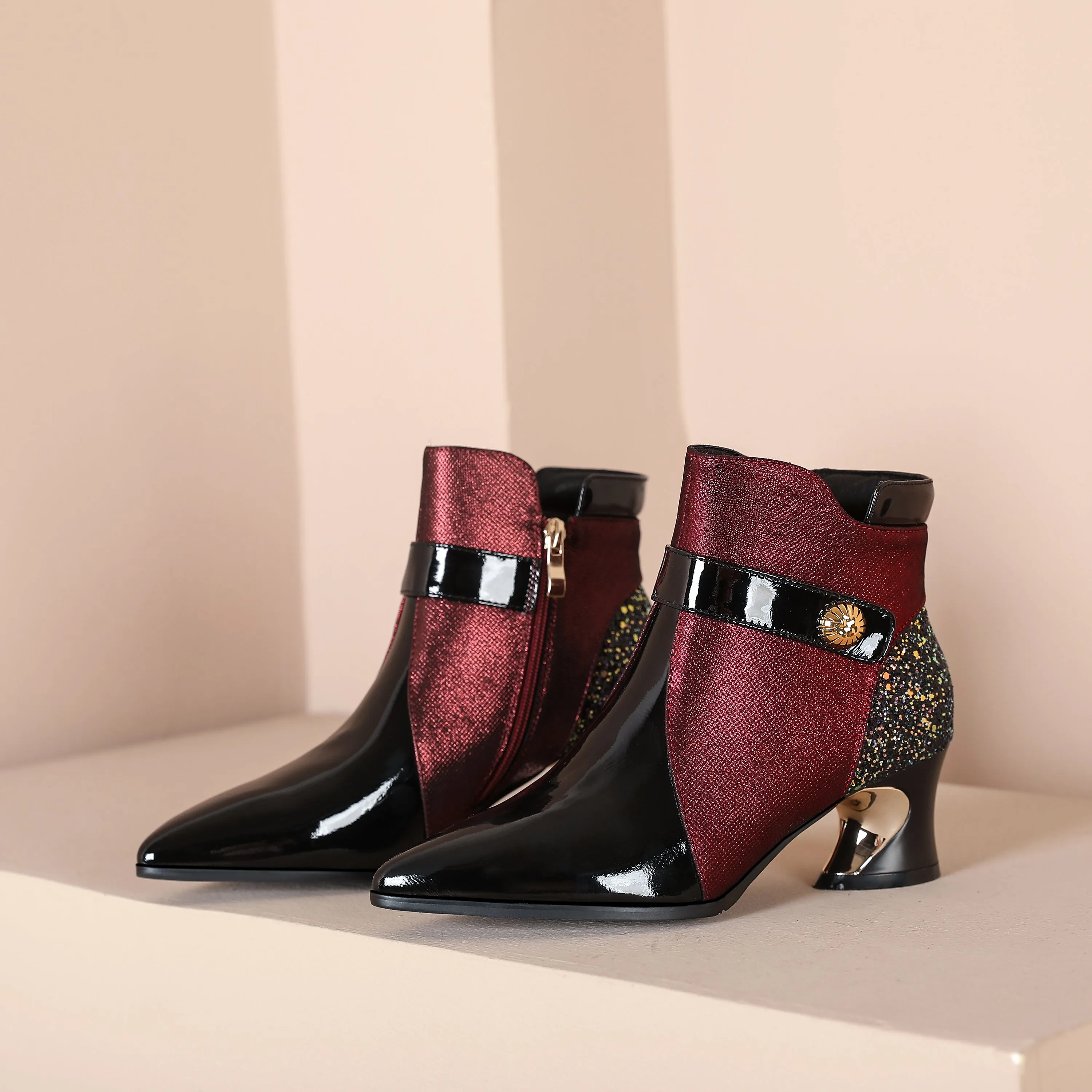 TinaCus Handmade Women's Glossy Genuine Leather Sexy Stitching Color Side Zipper Pointed Toe Low Chunky Ankle Boots