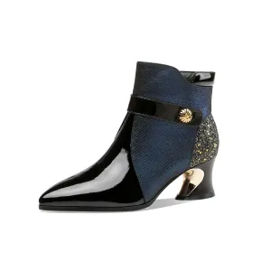TinaCus Handmade Women's Glossy Genuine Leather Sexy Stitching Color Side Zipper Pointed Toe Low Chunky Ankle Boots
