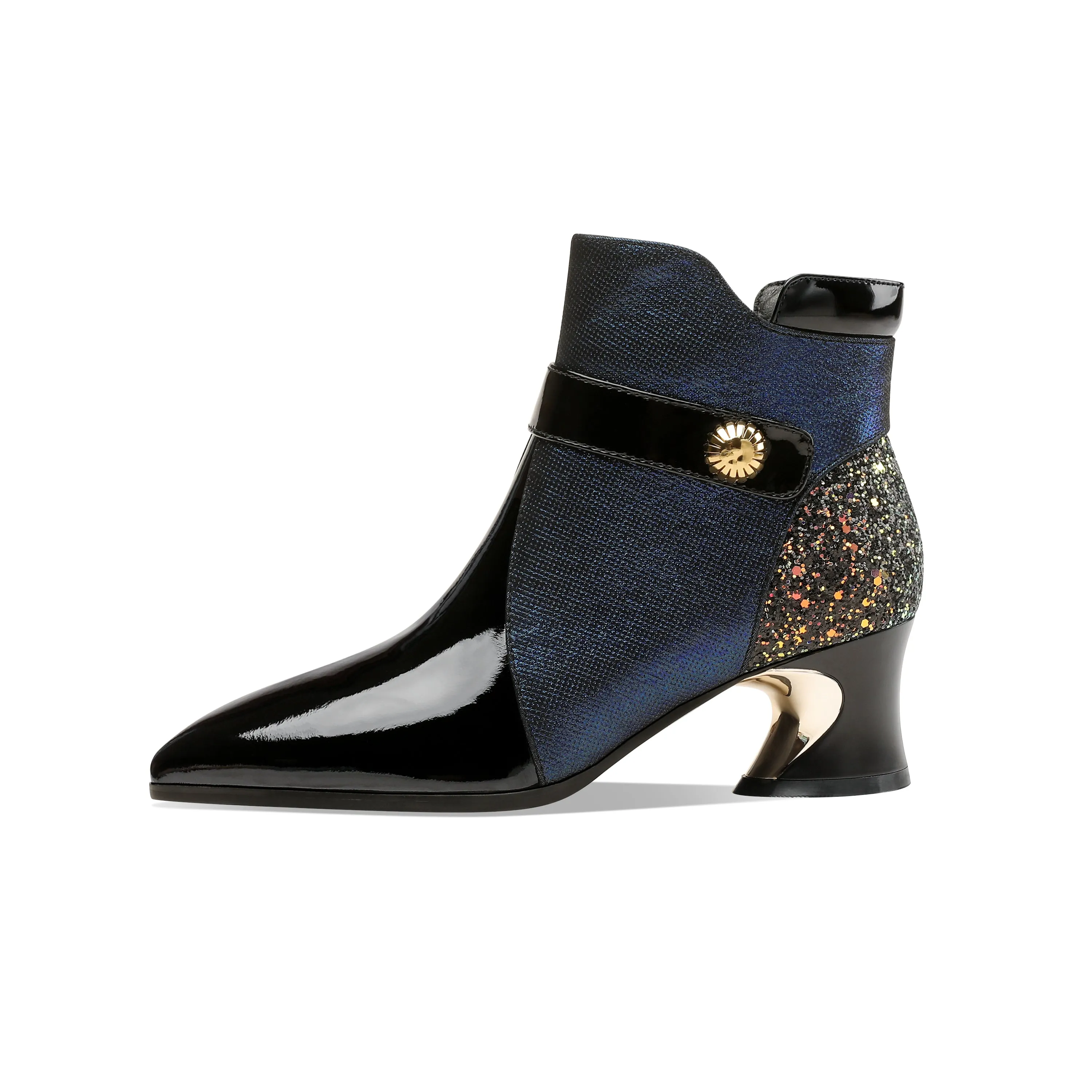 TinaCus Handmade Women's Glossy Genuine Leather Sexy Stitching Color Side Zipper Pointed Toe Low Chunky Ankle Boots