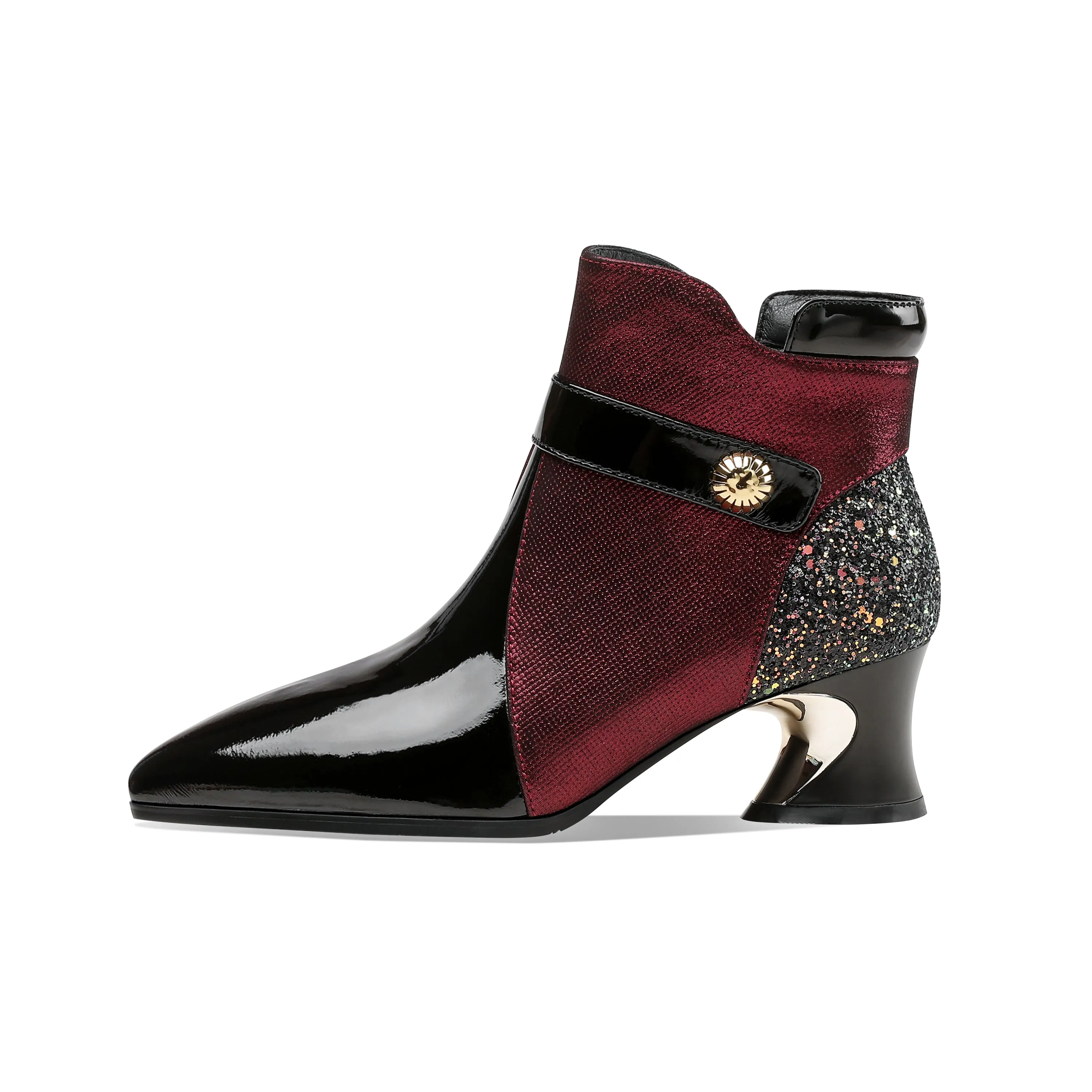 TinaCus Handmade Women's Glossy Genuine Leather Sexy Stitching Color Side Zipper Pointed Toe Low Chunky Ankle Boots