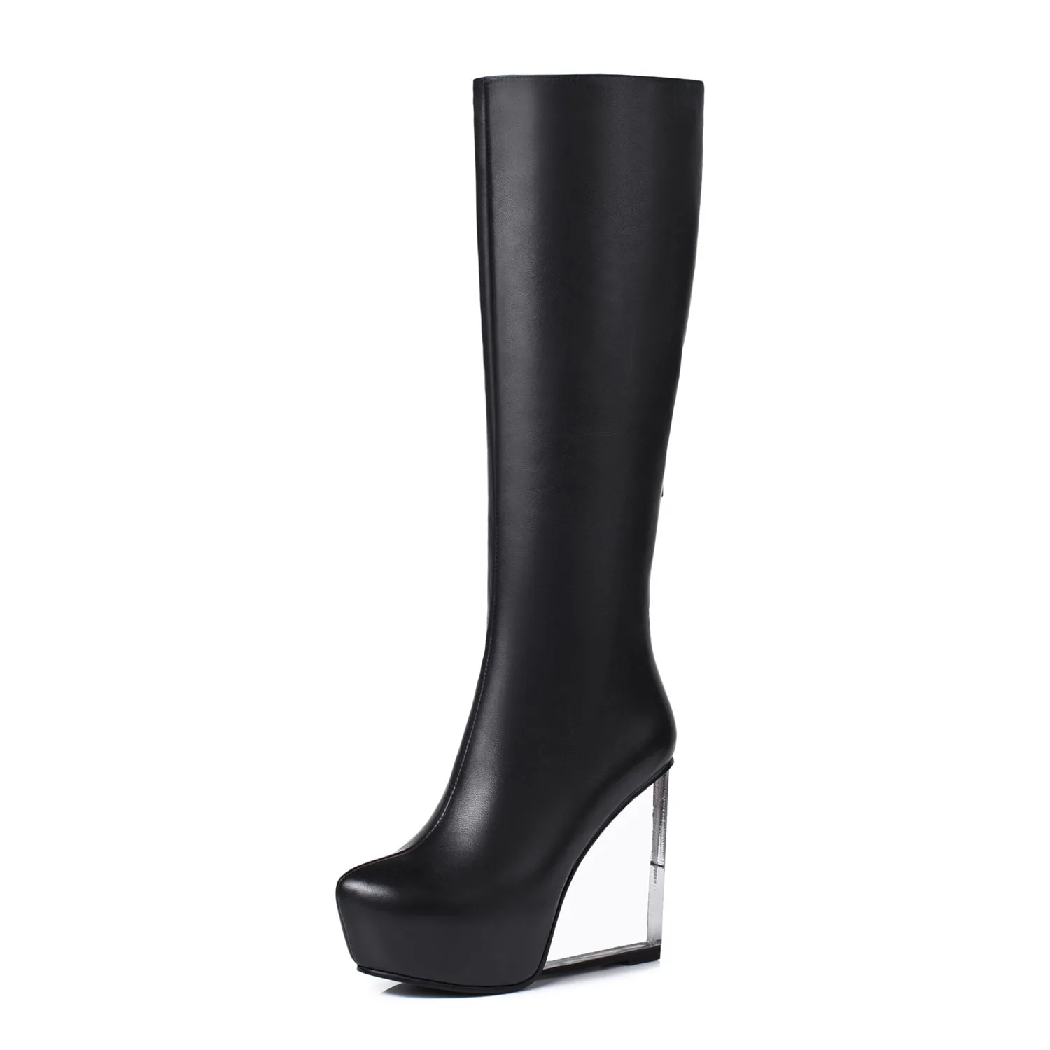 TinaCus Women's Handmade Genuine Leather Round Toe Transparent High Heel Half Zip Up Knee High Boots with Platform
