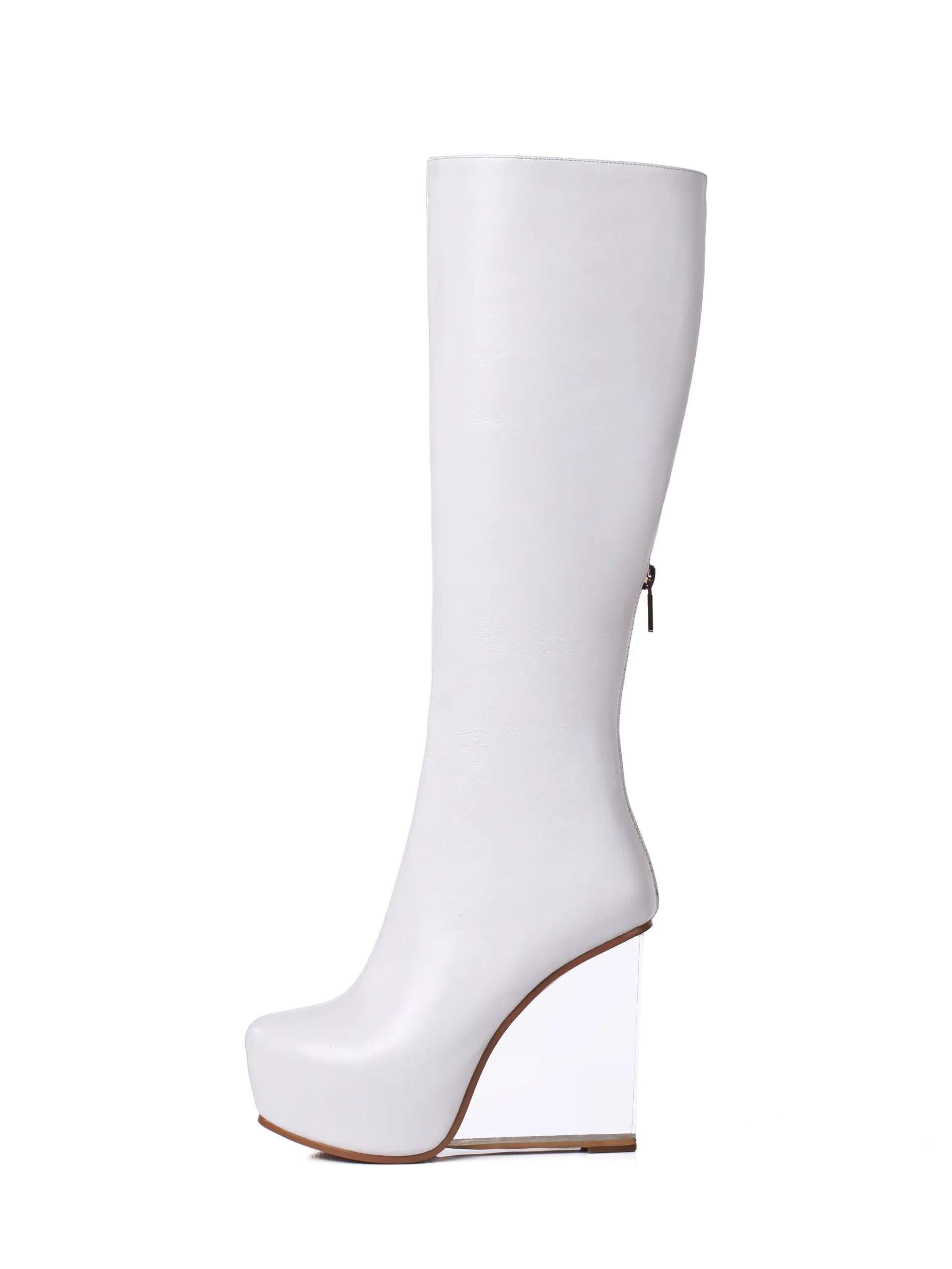 TinaCus Women's Handmade Genuine Leather Round Toe Transparent High Heel Half Zip Up Knee High Boots with Platform