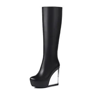 TinaCus Women's Handmade Genuine Leather Round Toe Transparent High Heel Half Zip Up Knee High Boots with Platform