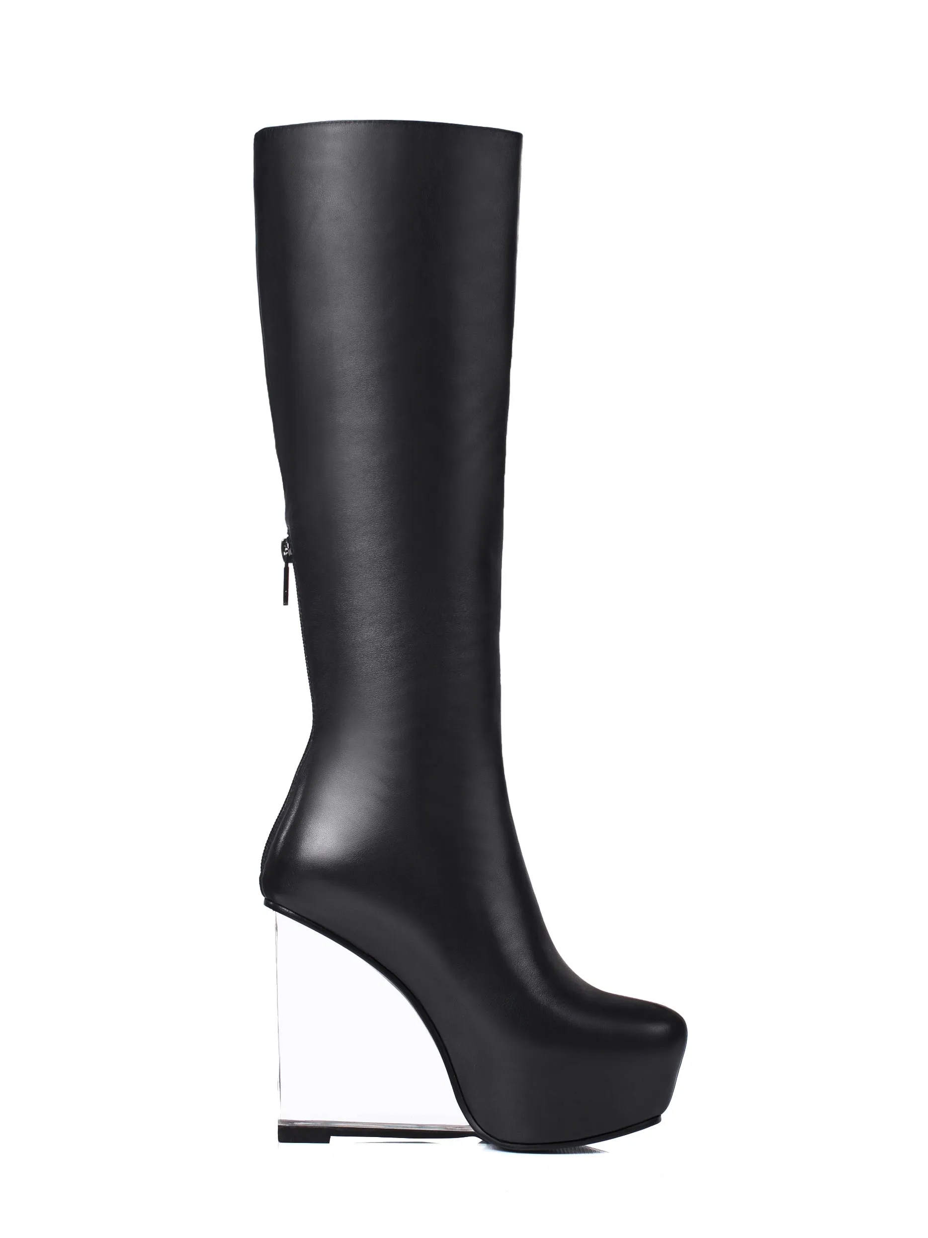 TinaCus Women's Handmade Genuine Leather Round Toe Transparent High Heel Half Zip Up Knee High Boots with Platform
