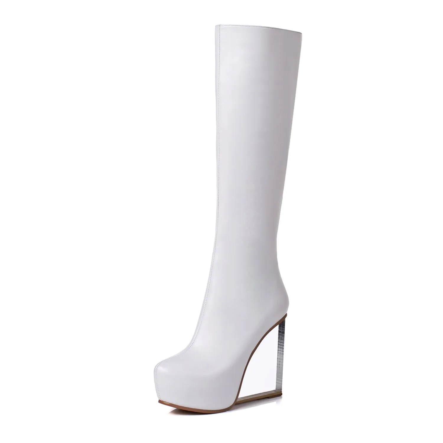 TinaCus Women's Handmade Genuine Leather Round Toe Transparent High Heel Half Zip Up Knee High Boots with Platform