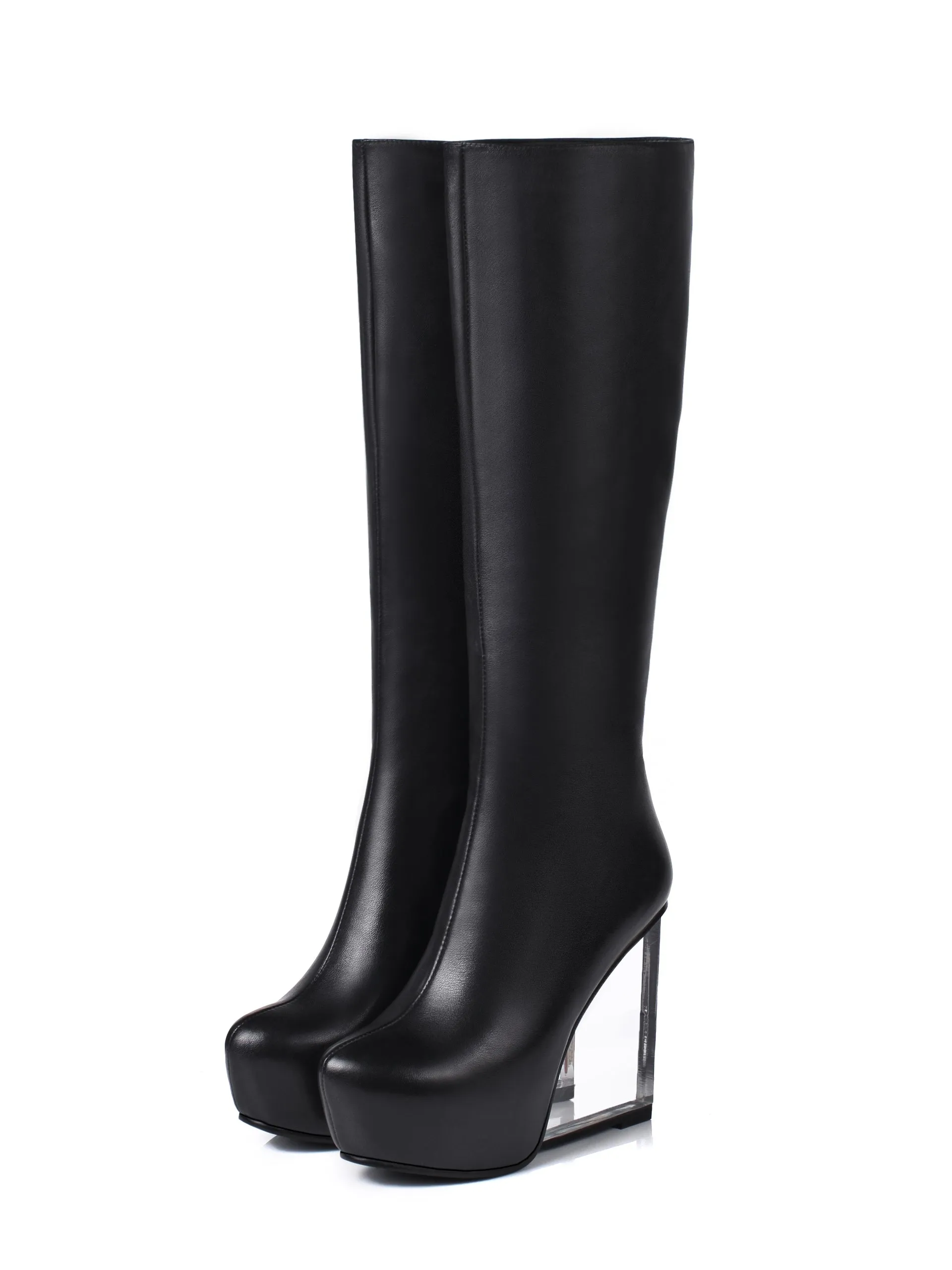TinaCus Women's Handmade Genuine Leather Round Toe Transparent High Heel Half Zip Up Knee High Boots with Platform