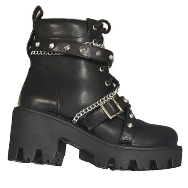 Women multicolor patchwork rivets straps chunky platform bootis | Stempunk studded ankle boots