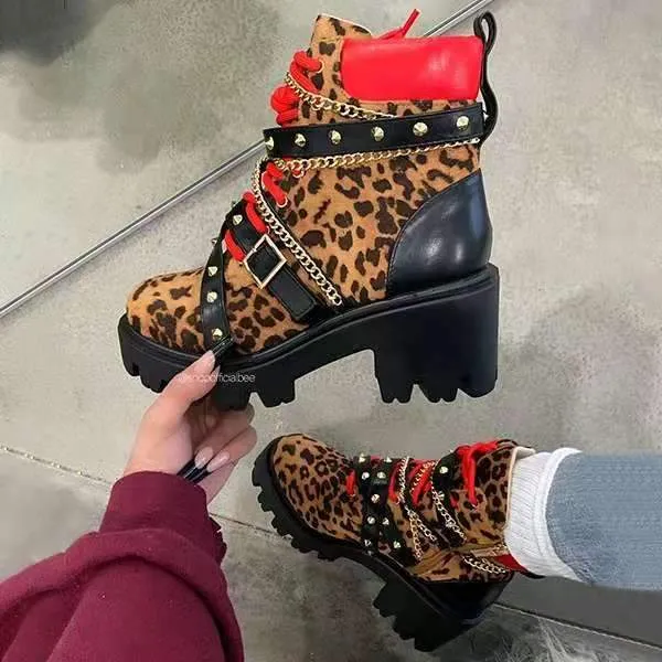 Women multicolor patchwork rivets straps chunky platform bootis | Stempunk studded ankle boots